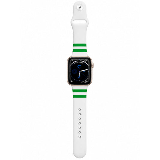 Rotterdam Apple Watch horlogebandje van BnationX in wit en groen, bevestigd aan een Apple Watch met RTM op het display.