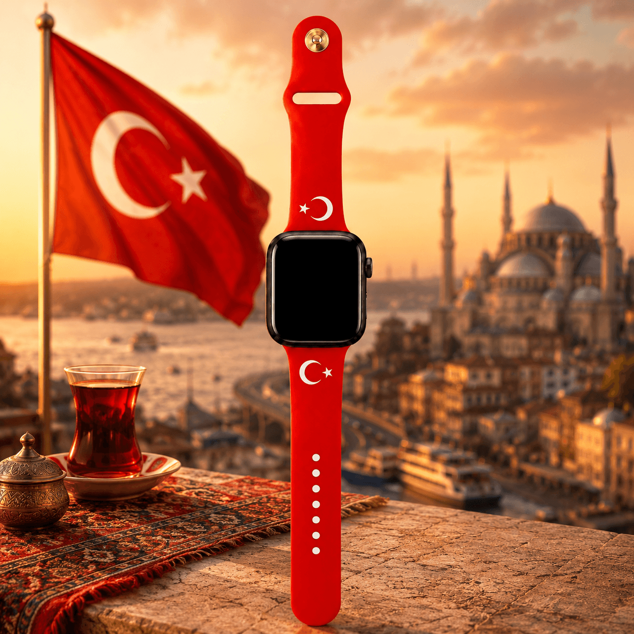 Apple Watch bandje Turkije – rood Turks horlogebandje met Turkse vlag en Istanbul op de achtergrond – BnationX
