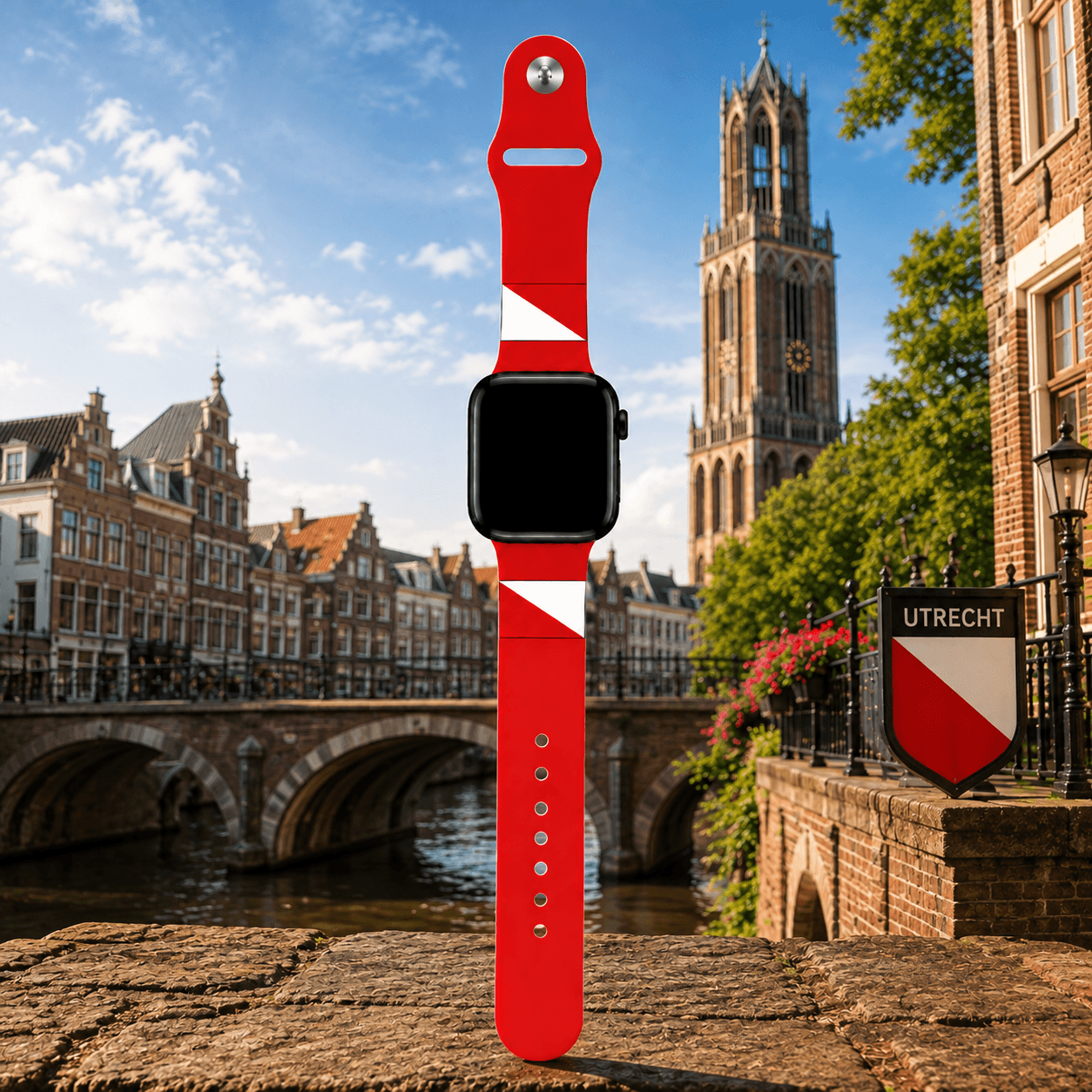 Apple Watch bandje Utrecht – rood-wit horlogebandje met Utrechtse vlag en Domtoren op de achtergrond – BnationX