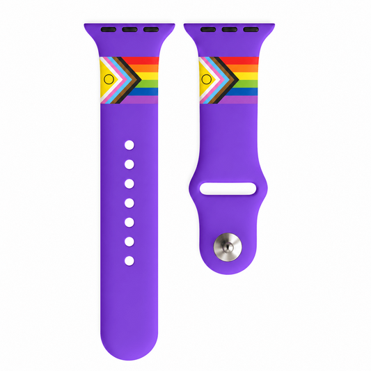 Paars LGBTQ+ Apple Watch horlogebandje met Progress Pride regenboogdesign van BnationX.
