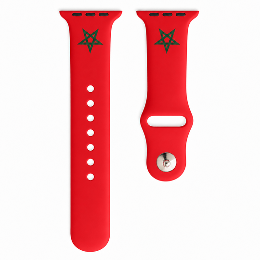 Rood Marokko Apple Watch bandje van BnationX met groene sterren en verstelbare pasvorm, los afgebeeld op een witte achtergrond.