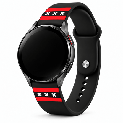 Amsterdam Samsung Galaxy horlogebandje zwart met rode banen en drie witte Andreaskruisen aan smartwatch.