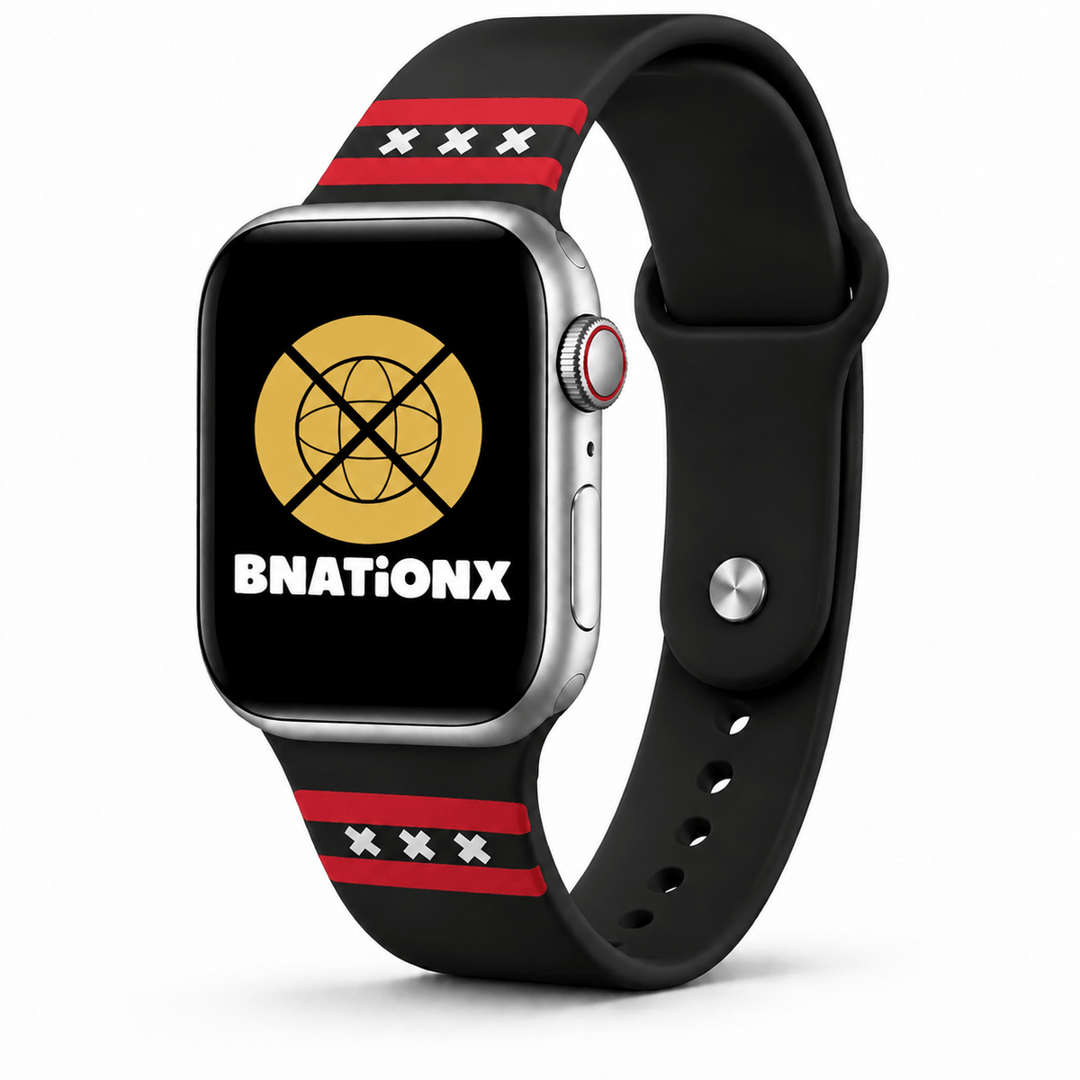 Zwart BnationX Amsterdam Apple Watch-bandje met drie witte Andreaskruisen, rode details en BnationX-logo.