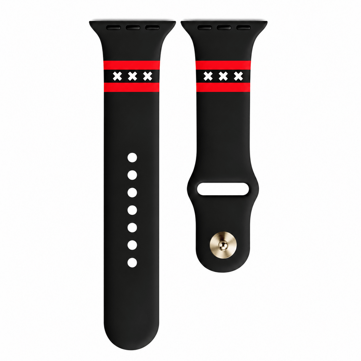 Amsterdam Apple Watch bandje van BNationX met zwarte silicone band, rode strepen en witte Andreaskruizen. Smartwatch band geïnspireerd op de vlag van Amsterdam met verstelbare sluiting voor Apple Watch.
