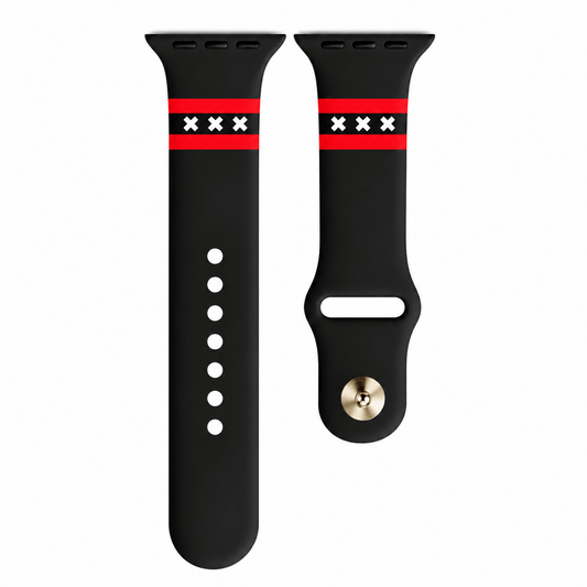 Amsterdam Apple Watch bandje van BNationX met zwarte silicone band, rode strepen en witte Andreaskruizen. Smartwatch band geïnspireerd op de vlag van Amsterdam met verstelbare sluiting voor Apple Watch.