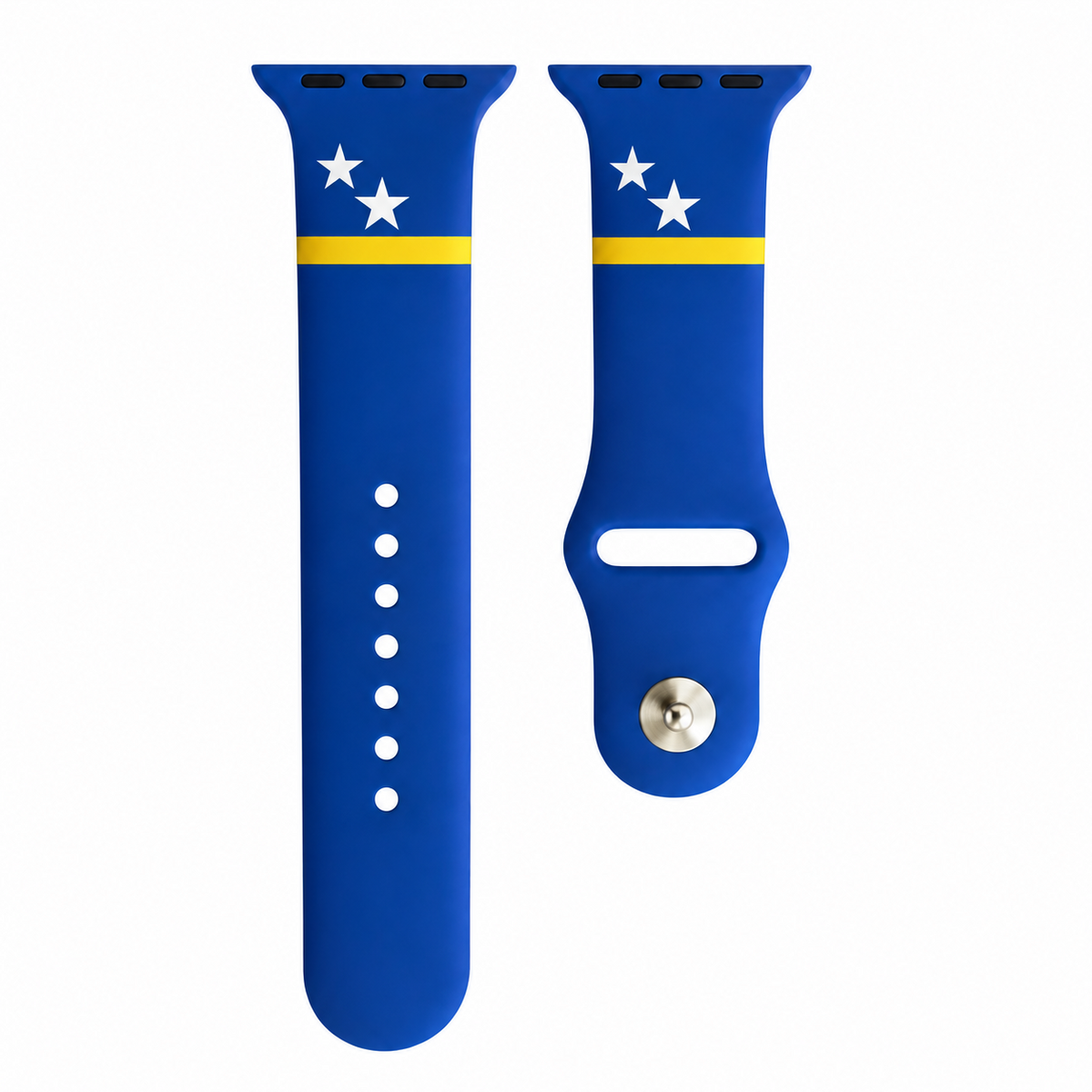 Blauw Curaçao Apple Watch bandje van BNationX met gele streep en witte sterren, geïnspireerd op de Curaçaose vlag. Silicone smartwatch band voor Apple Watch met verstelbare sluiting en eilanddesign.