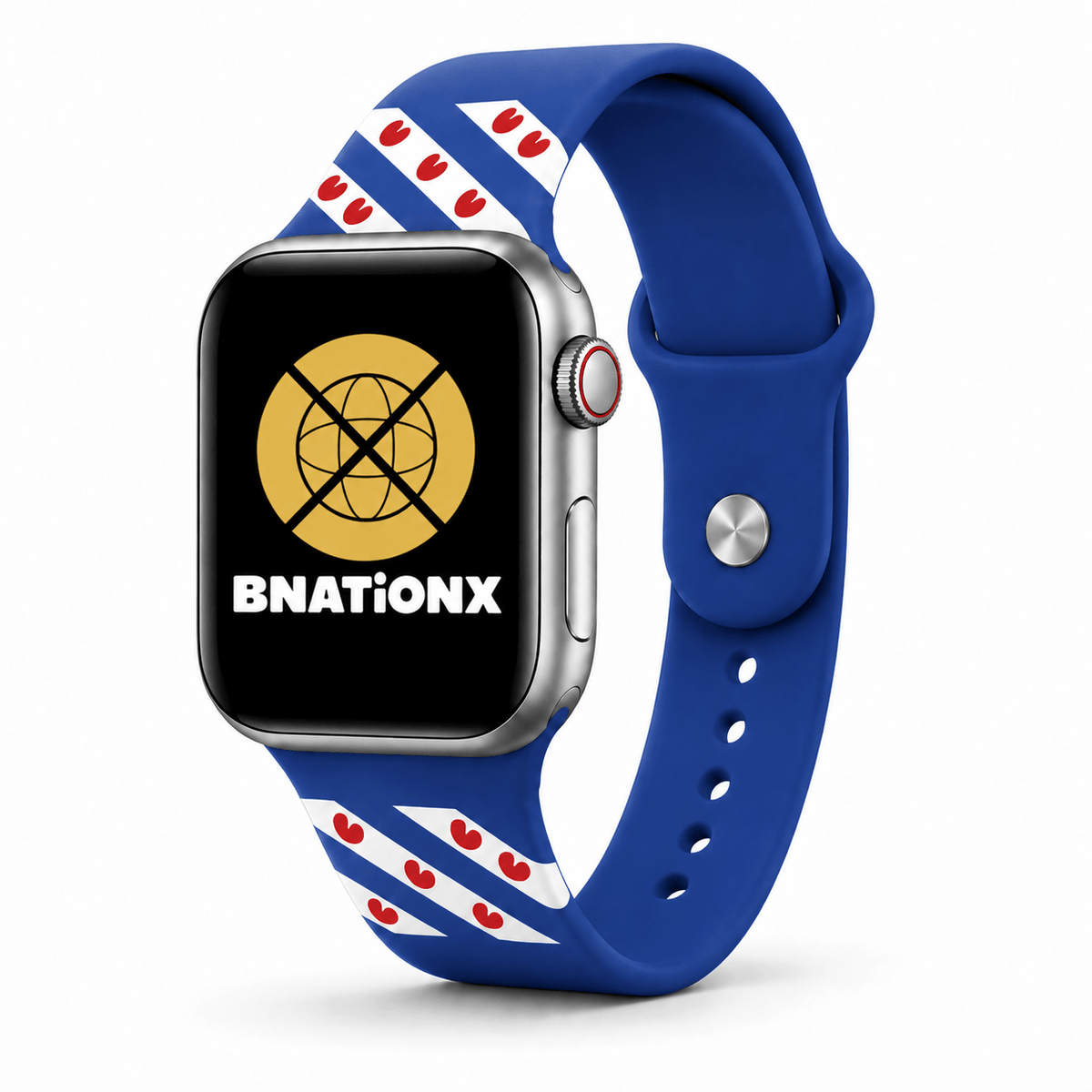 Blauw BnationX Friesland Apple Watch-bandje met Friese vlag, rode pompeblêden en BnationX-logo.