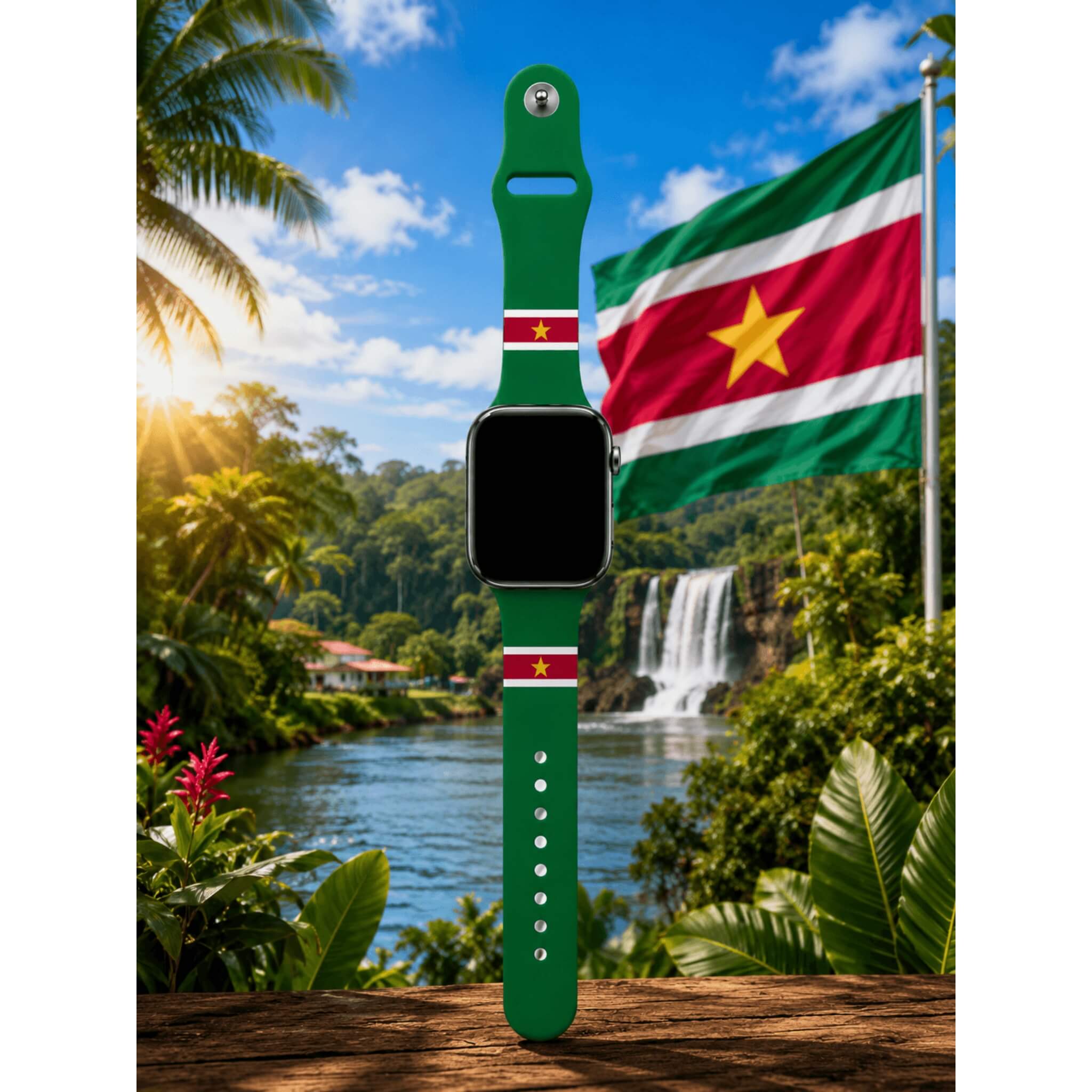 Groen Apple Watch horlogebandje met Surinaamse vlag op tropische Suriname achtergrond - BNationX