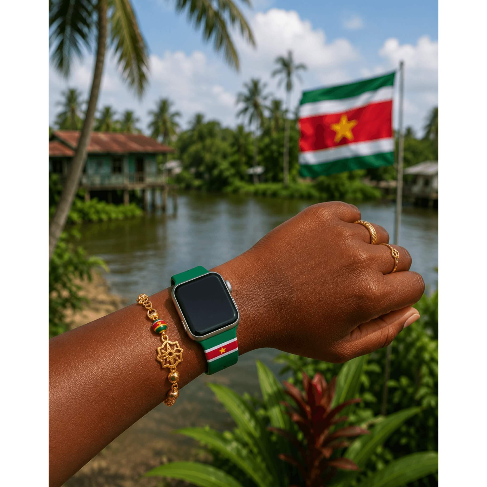 Apple Watch bandje met Surinaamse vlag - groen siliconen horlogebandje voor Apple Watch op tropische Suriname achtergrond