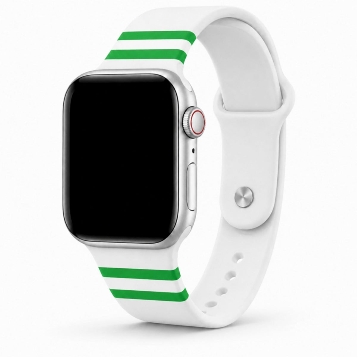 Wit Rotterdam horlogebandje met groene strepen, bevestigd aan een smartwatch.