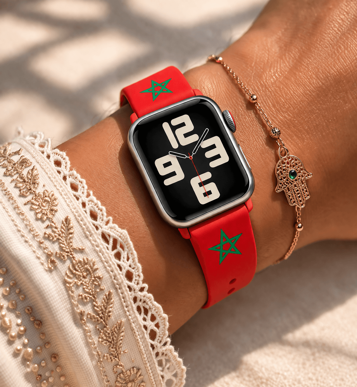 Rood dames horlogebandje met Marokkaanse vlag ster – siliconen smartwatch band