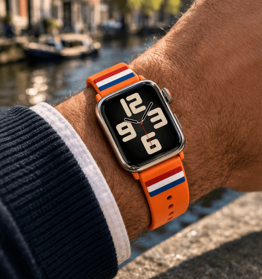 Oranje smartwatch bandje voor heren met Nederlandse vlag – WK supporters horlogebandje.