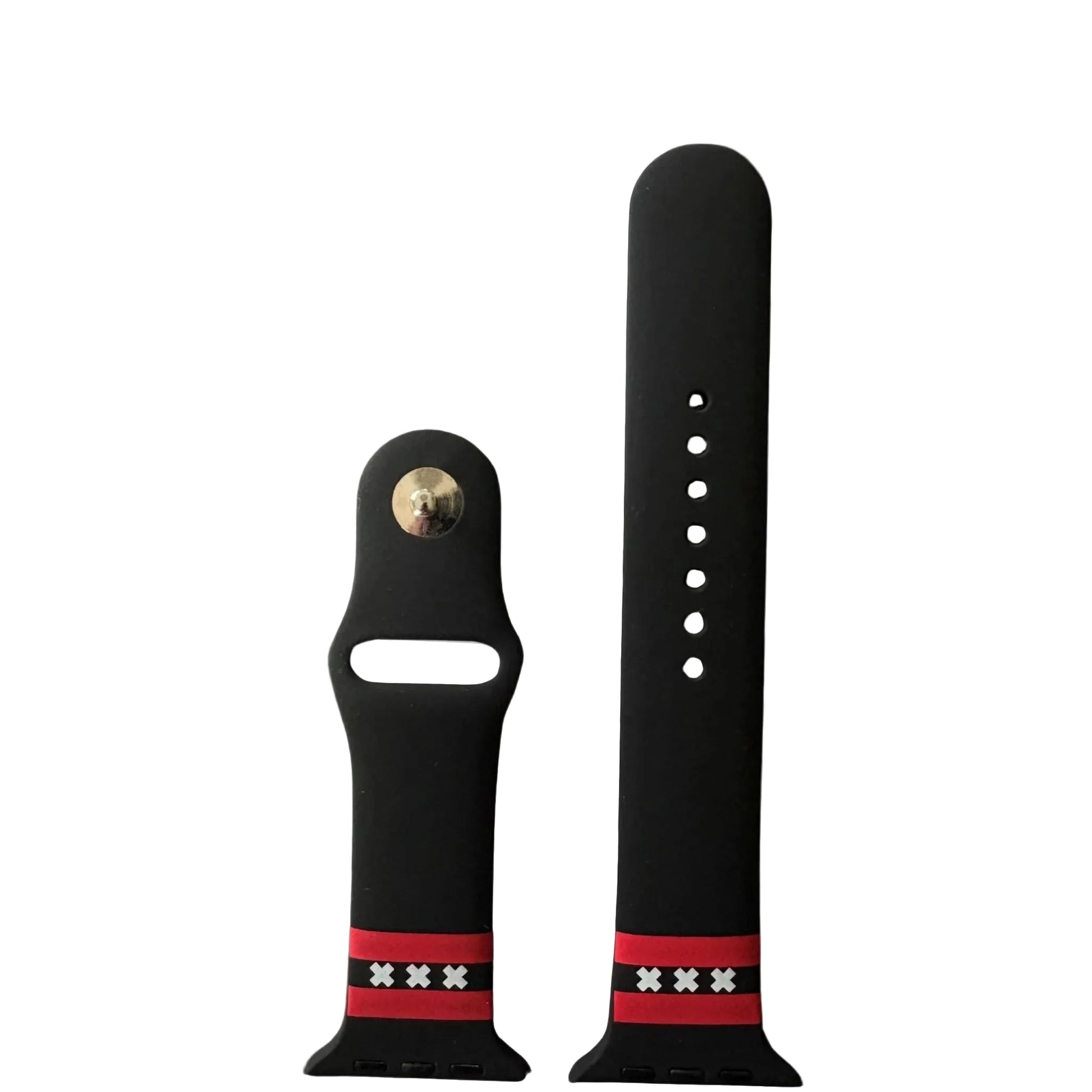 Amsterdam Apple Watch bandje van BNationX met zwarte silicone band, rode strepen en witte Andreaskruizen. Smartwatch band geïnspireerd op de vlag van Amsterdam met verstelbare sluiting voor Apple Watch.