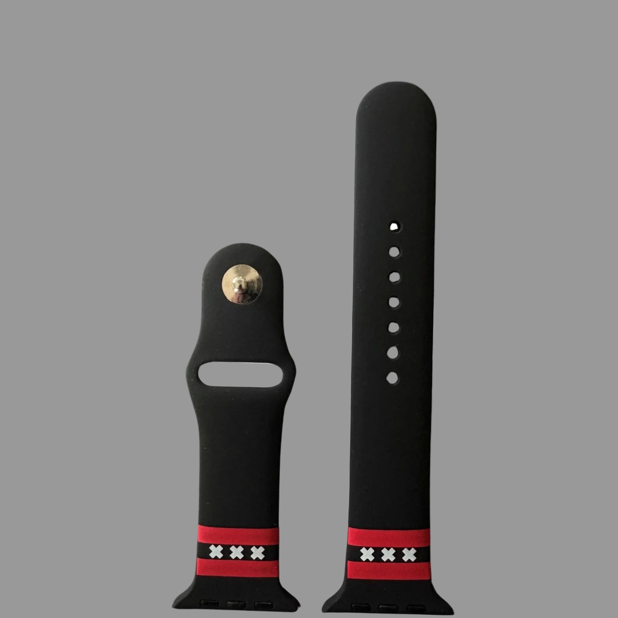 Amsterdam Apple Watch bandje van BNationX met zwarte silicone band, rode strepen en witte Andreaskruizen. Smartwatch band geïnspireerd op de vlag van Amsterdam met verstelbare sluiting voor Apple Watch.