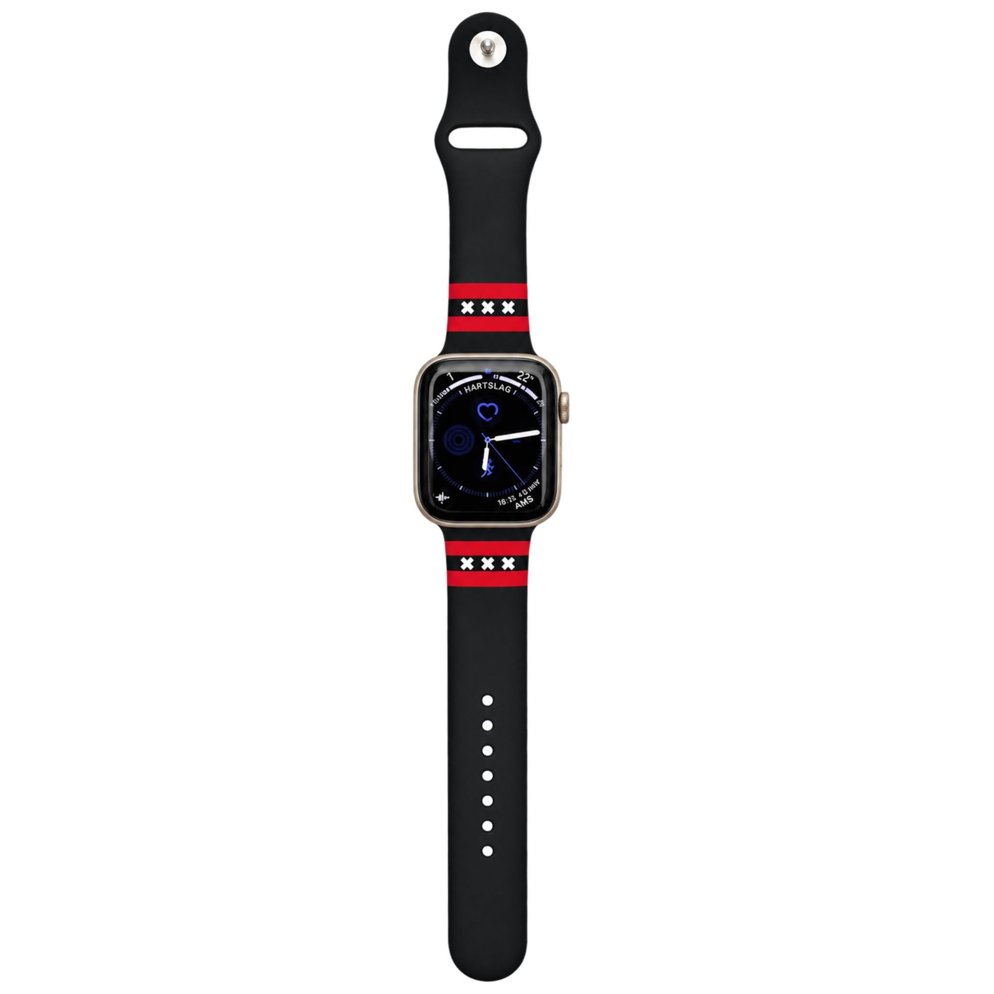 Amsterdam Apple Watch horlogebandje van BnationX in zwart met rode strepen en witte Andreaskruisen, bevestigd aan een Apple Watch.