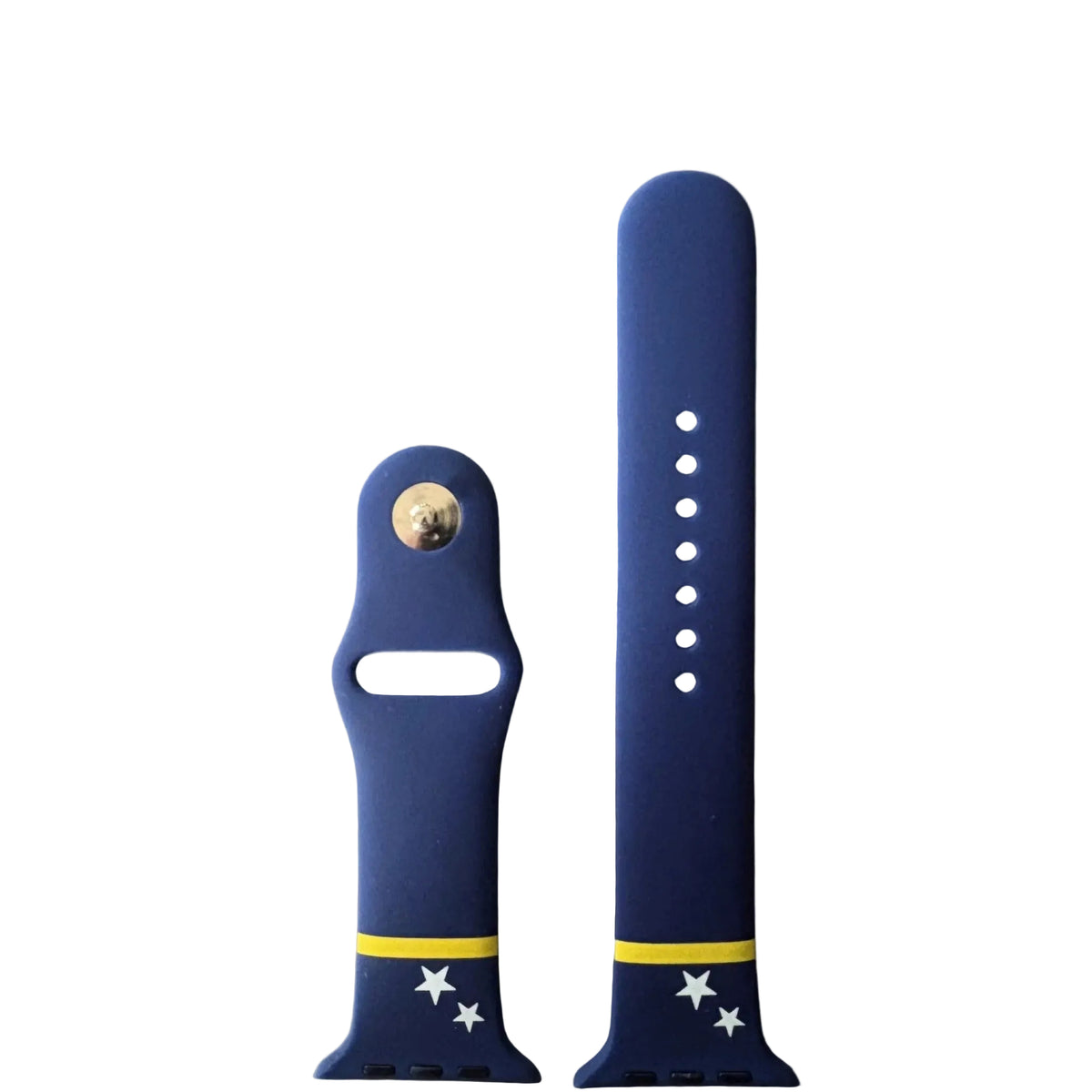 Blauw Curaçao Apple Watch bandje van BNationX met gele streep en witte sterren, geïnspireerd op de Curaçaose vlag. Silicone smartwatch band voor Apple Watch met verstelbare sluiting en eilanddesign.