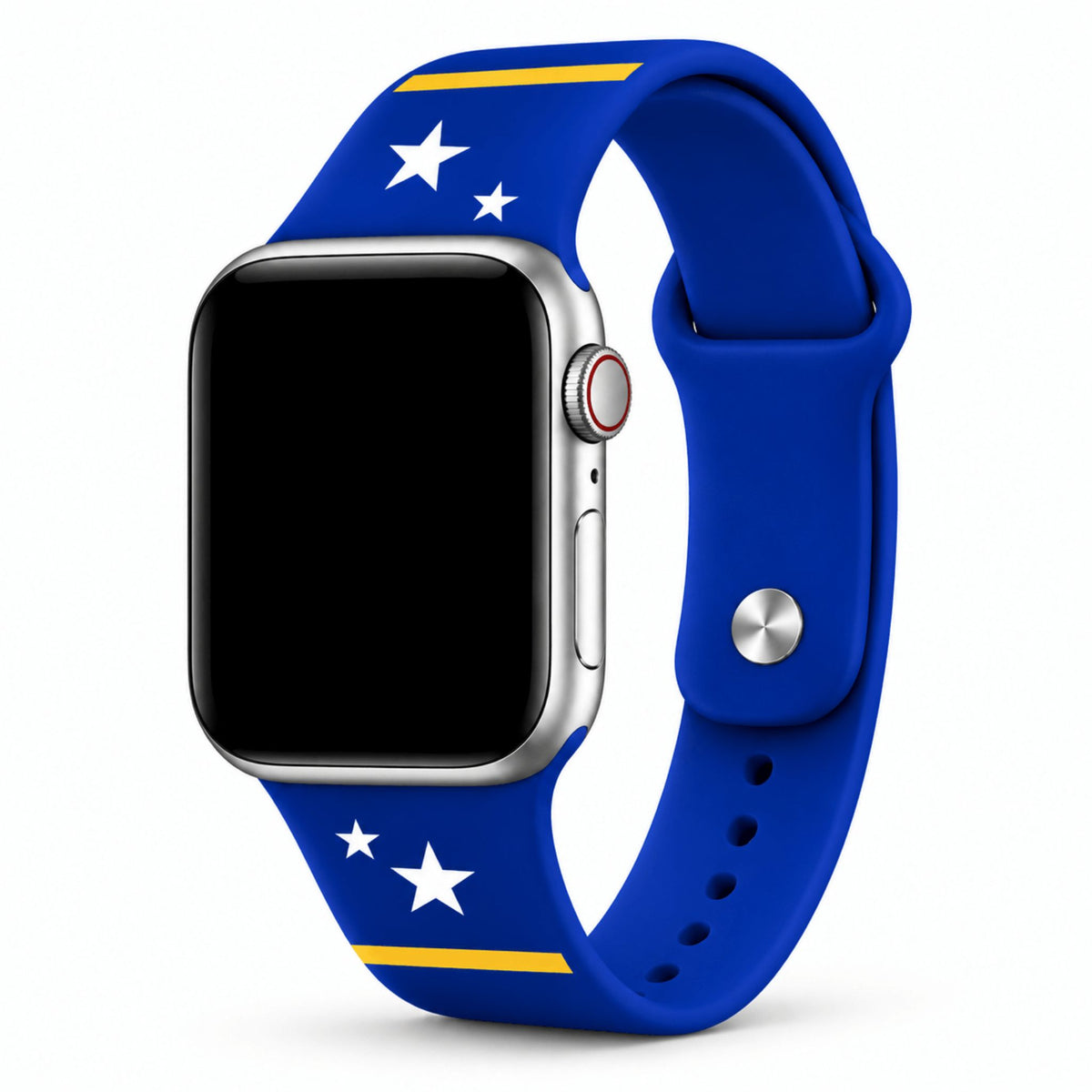 Curaçao Apple Watch horlogebandje van BnationX in blauw met gele strepen en witte sterren.