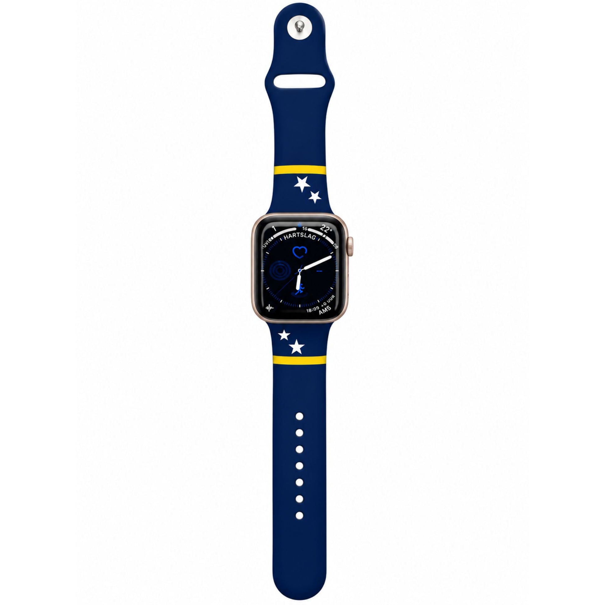 Curaçao Apple Watch horlogebandje van BnationX in blauw met gele strepen en witte sterren, bevestigd aan een Apple Watch.