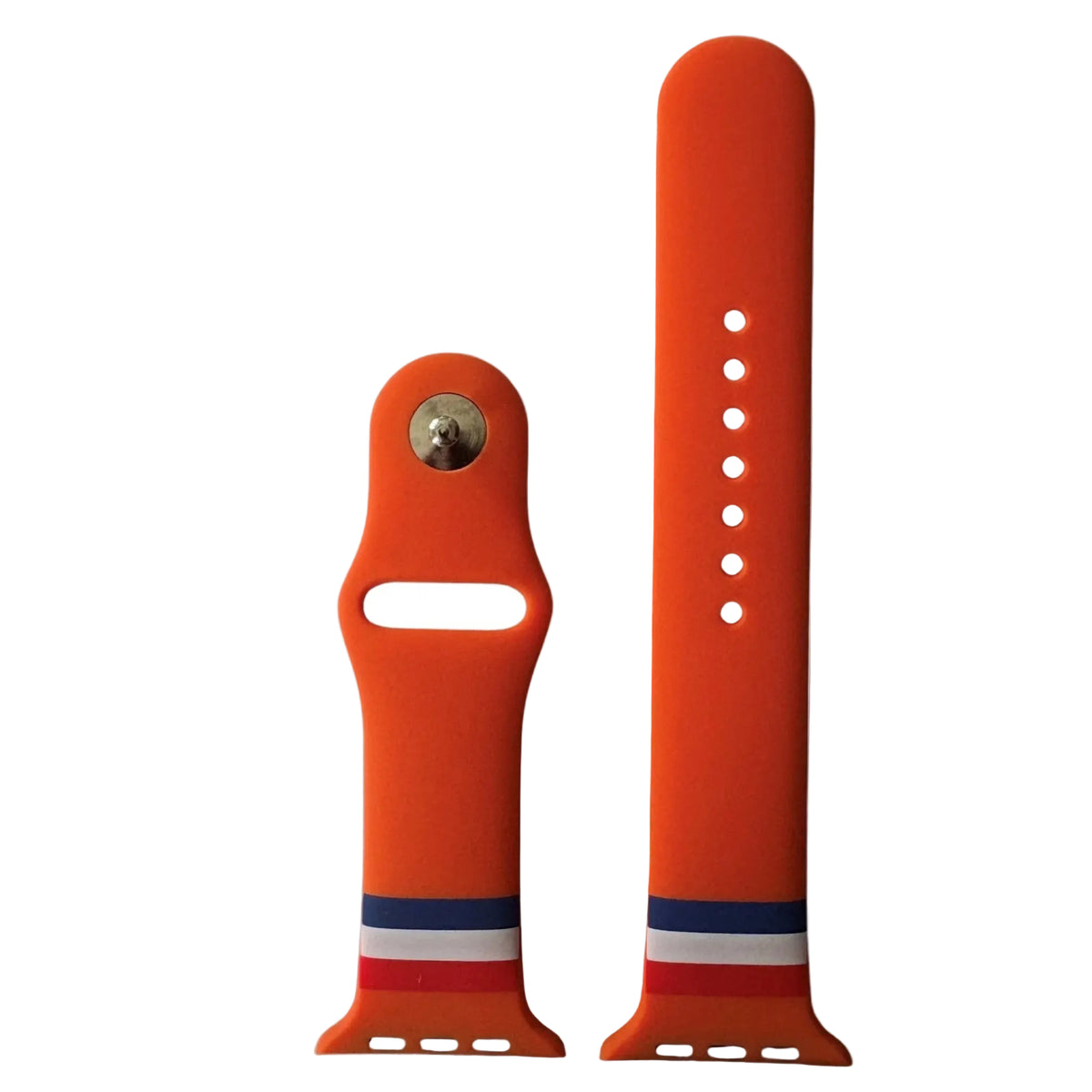 Oranje Holland Apple Watch bandje van BNationX met rood-wit-blauwe details, geïnspireerd op de Nederlandse vlag. Silicone smartwatch band met verstelbare sluiting voor Apple Watch gebruikers en Oranje supporters.