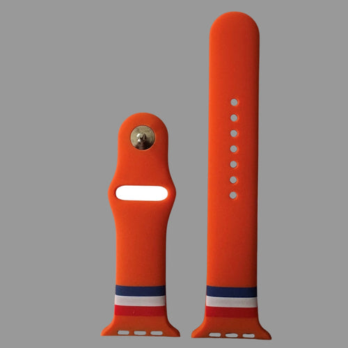 Oranje Holland Apple Watch bandje van BNationX met rood-wit-blauwe details, geïnspireerd op de Nederlandse vlag. Silicone smartwatch band met verstelbare sluiting voor Apple Watch gebruikers en Oranje supporters.