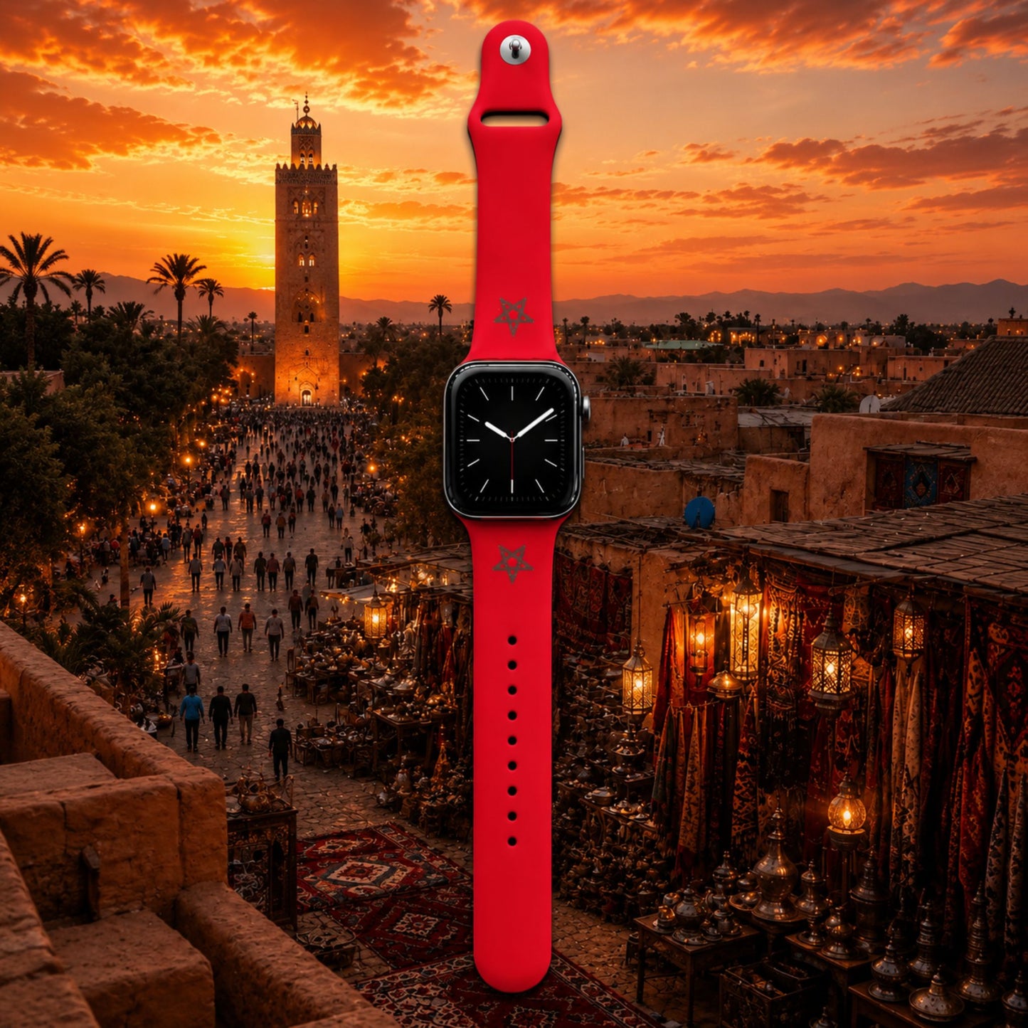 Marokko Apple Watch horlogebandje van BnationX in rood met groene Marokkaanse sterren, afgebeeld met Marrakech en de Koutoubia-moskee bij zonsondergang op de achtergrond.