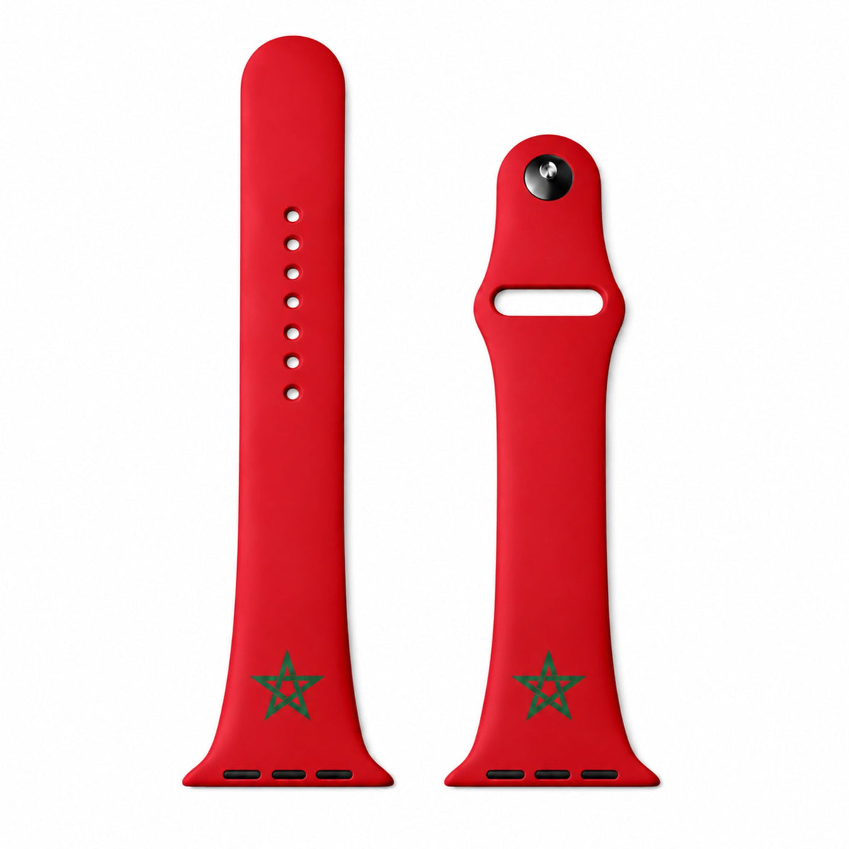 Rood Marokko Apple Watch bandje van BnationX met groene sterren en verstelbare pasvorm, los afgebeeld op een witte achtergrond.