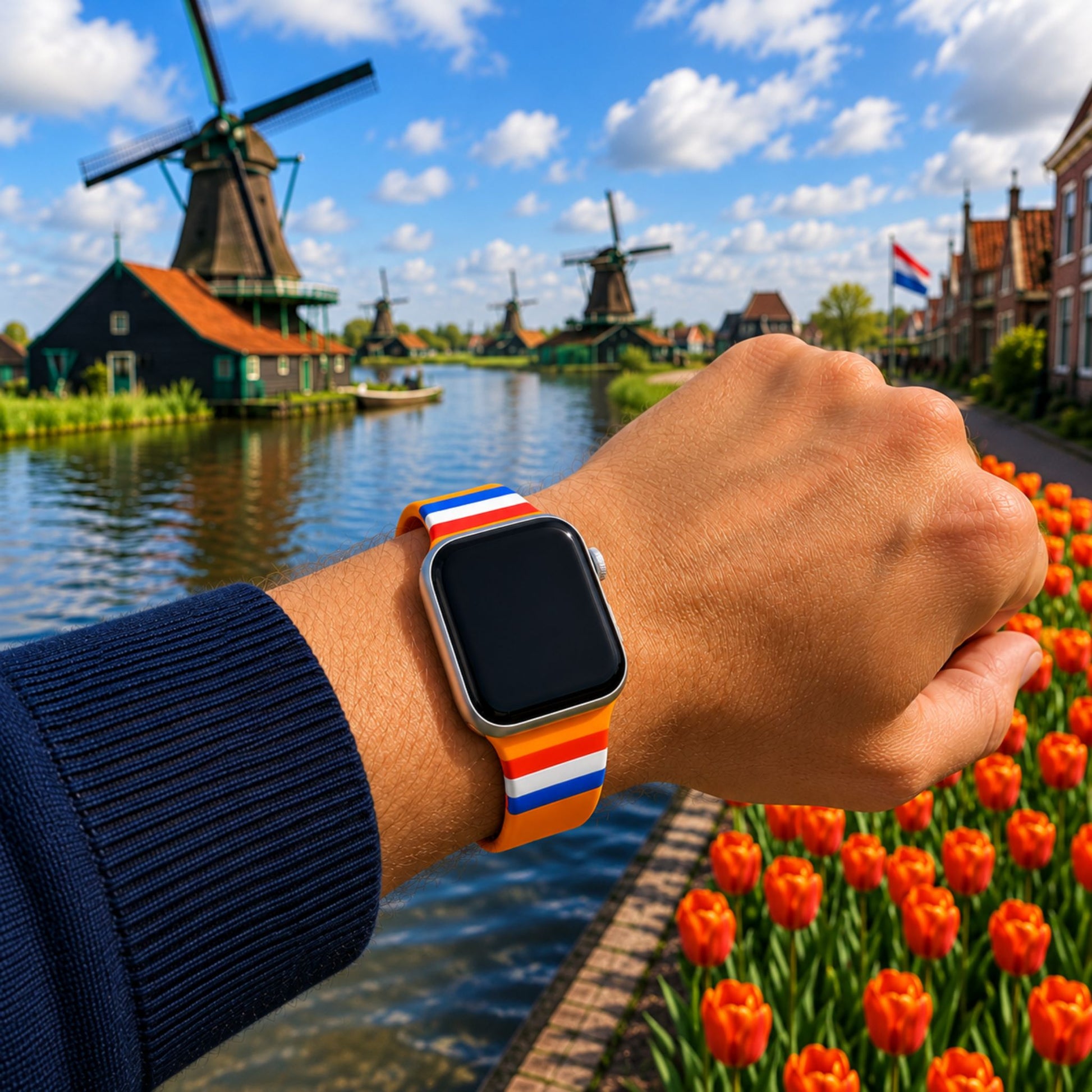 Nederland Apple Watch horlogebandje van BnationX om de pols van een man, met rood-wit-blauwe details, Nederlandse molens en tulpen op de achtergrond.