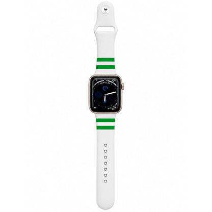 Rotterdam Apple Watch horlogebandje van BnationX in wit en groen, bevestigd aan een Apple Watch met RTM op het display.