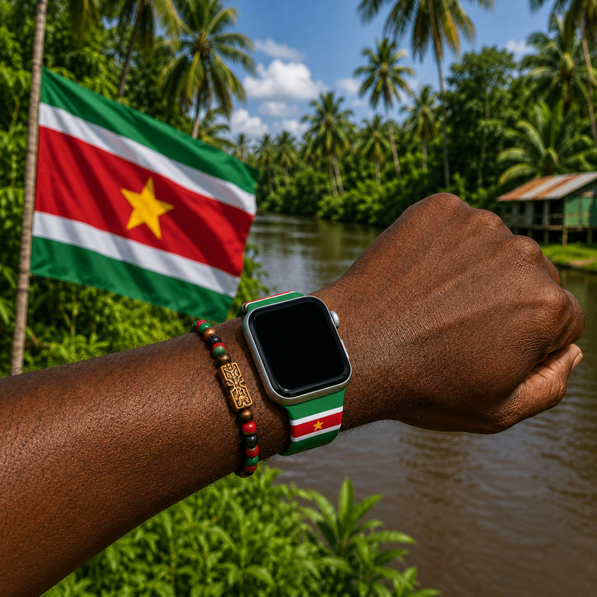 Suriname Apple Watch horlogebandje van BnationX om de pols van een man, met de Surinaamse vlag en tropische natuur op de achtergrond.