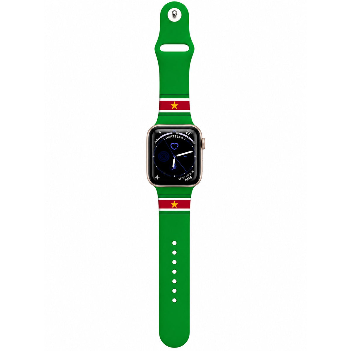 Suriname Apple Watch horlogebandje van BnationX in groen met rood-witte details en gele ster, bevestigd aan een Apple Watch.