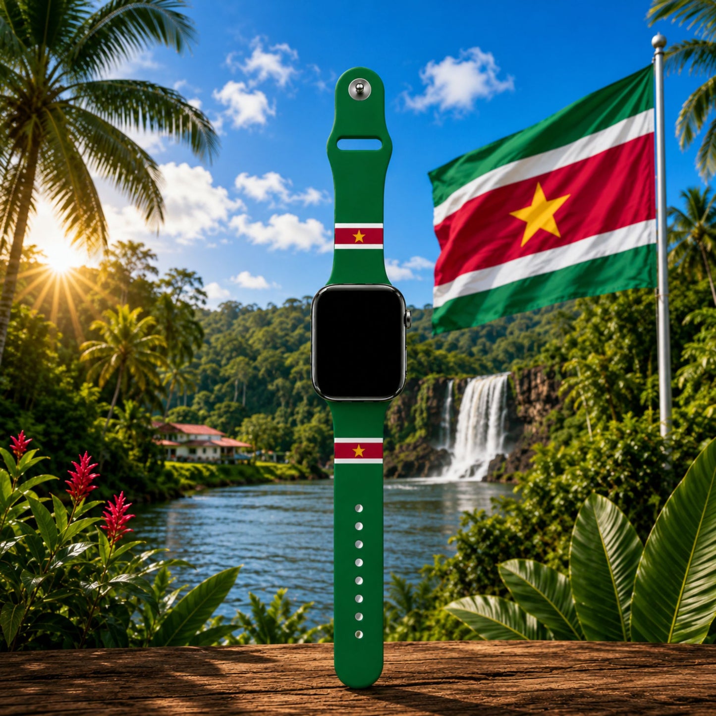 Suriname Apple Watch horlogebandje van BnationX in groen, rood en wit met gele ster, afgebeeld met de Surinaamse vlag en tropische natuur op de achtergrond.