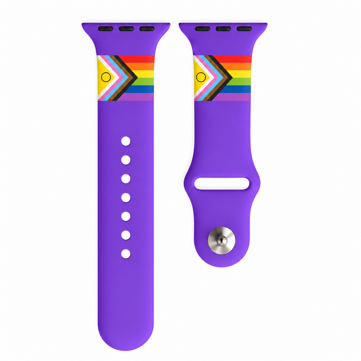 Paars LGBTQ+ Apple Watch horlogebandje met Progress Pride regenboogdesign van BnationX.