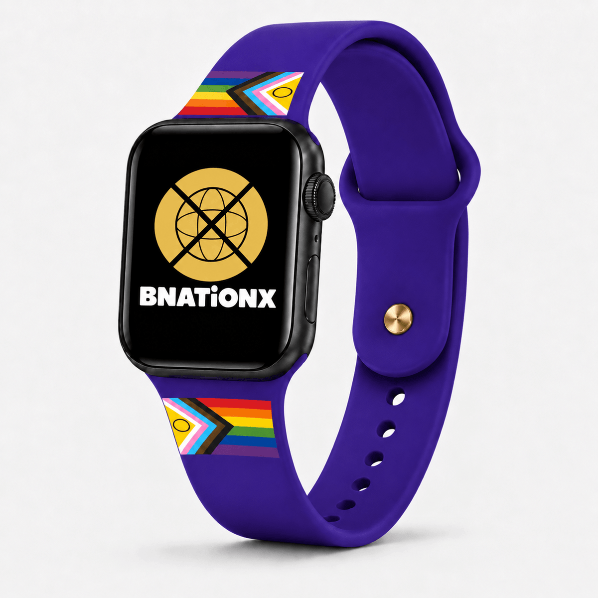 Paars BnationX LGBTQ+ Apple Watch-bandje met kleurrijke Pride-details en BnationX-logo.