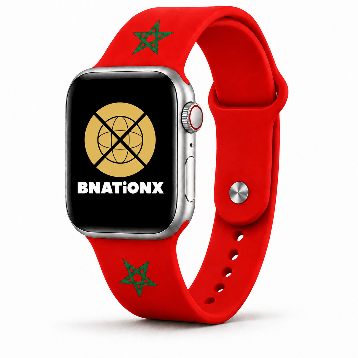Rood BnationX Marokko Apple Watch-bandje met groene Marokkaanse sterren en BnationX-logo.