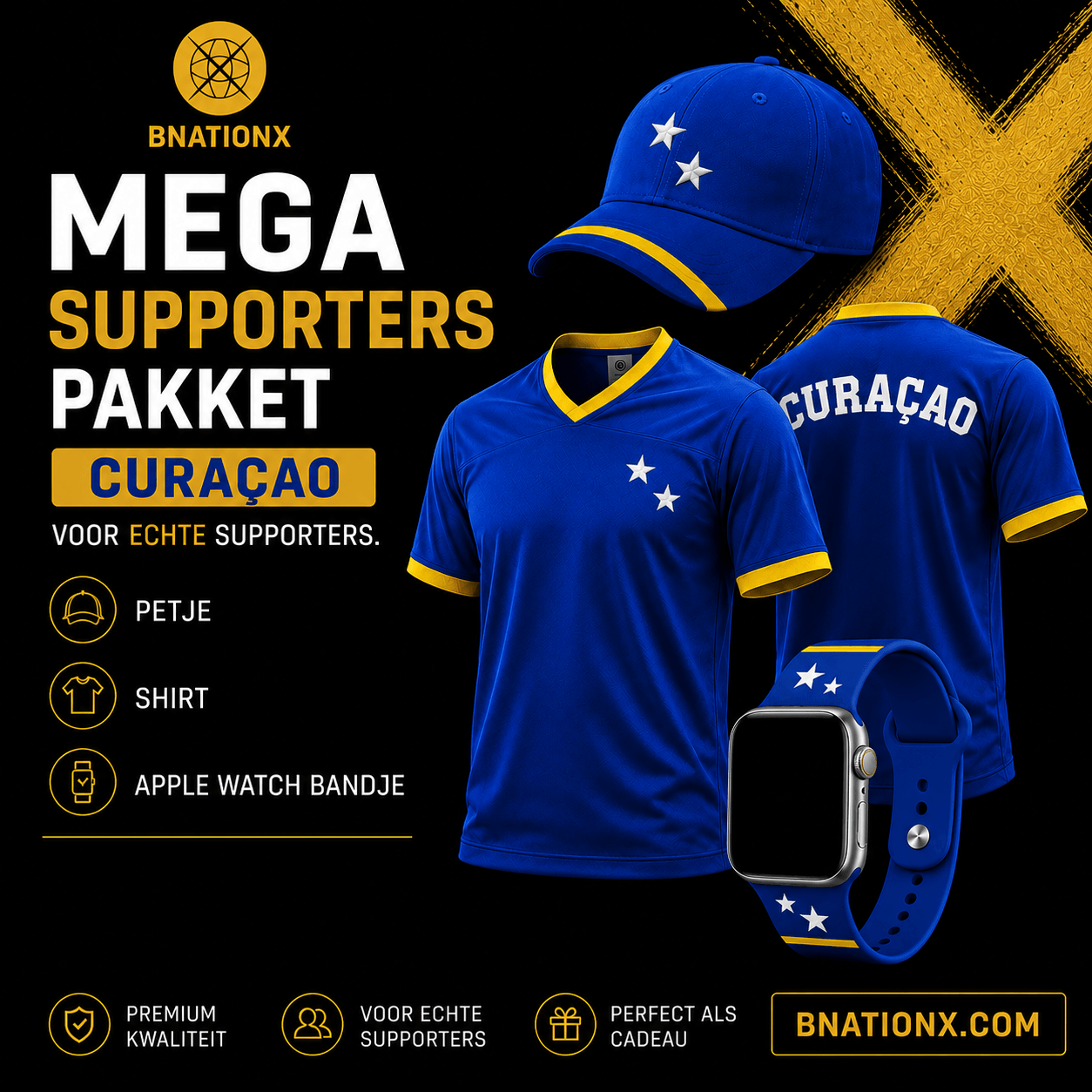 BnationX Mega Supporterspakket Curaçao met blauw Curaçao voetbalshirt, supporterspet en Apple Watch bandje in de kleuren van de Curaçaose vlag.