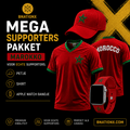 BnationX Mega Supporterspakket Marokko met Marokkaans voetbalshirt, rode pet en Apple Watch bandje in de kleuren van de Marokkaanse vlag.
