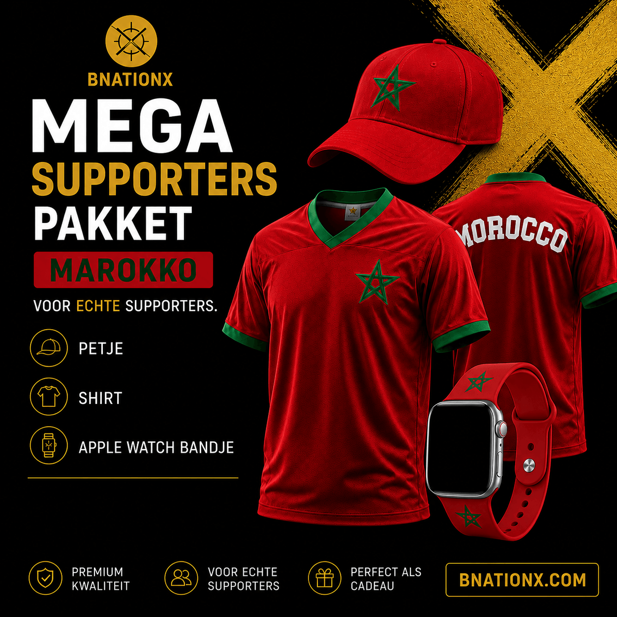 BnationX Mega Supporterspakket Marokko met Marokkaans voetbalshirt, rode pet en Apple Watch bandje in de kleuren van de Marokkaanse vlag.