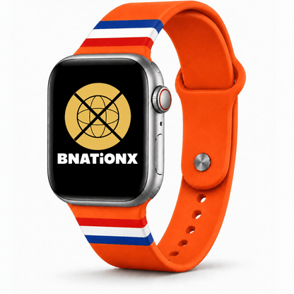 Oranje BnationX Apple Watch-bandje Nederland met rood-wit-blauwe details en BnationX-logo.