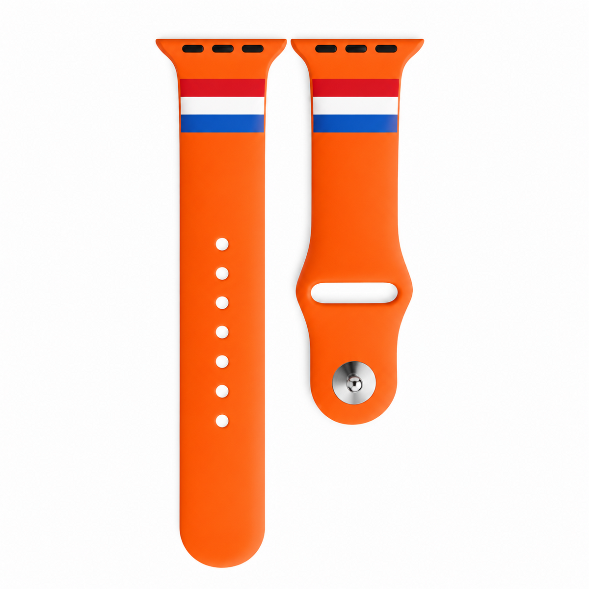 Oranje Holland Apple Watch bandje van BNationX met rood-wit-blauwe details, geïnspireerd op de Nederlandse vlag. Silicone smartwatch band met verstelbare sluiting voor Apple Watch gebruikers en Oranje supporters.