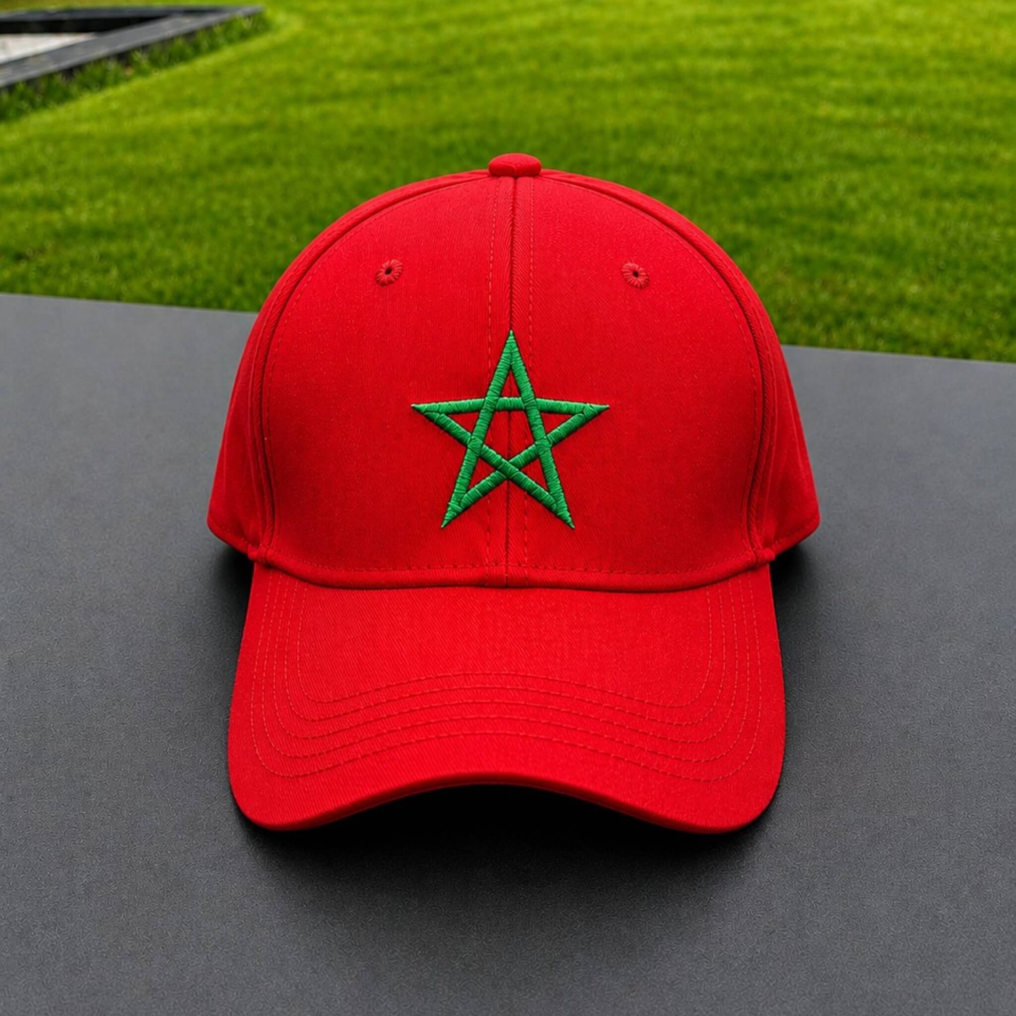 Rode Marokko supporterspet van BNationX met groene ster, geïnspireerd op de vlag van Marokko. Sportieve cap voor supporters van het Marokkaanse elftal en WK voetbal fans.