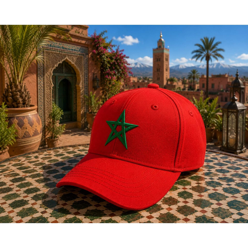 Rode Marokko supporterspet van BNationX met groene ster, geïnspireerd op de Marokkaanse vlag. Sportieve cap afgebeeld in traditionele Marokkaanse sfeer met uitzicht op Marrakech.