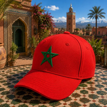 Rode Marokko supporterspet van BNationX met groene ster, geïnspireerd op de Marokkaanse vlag. Sportieve cap afgebeeld in traditionele Marokkaanse sfeer met uitzicht op Marrakech.