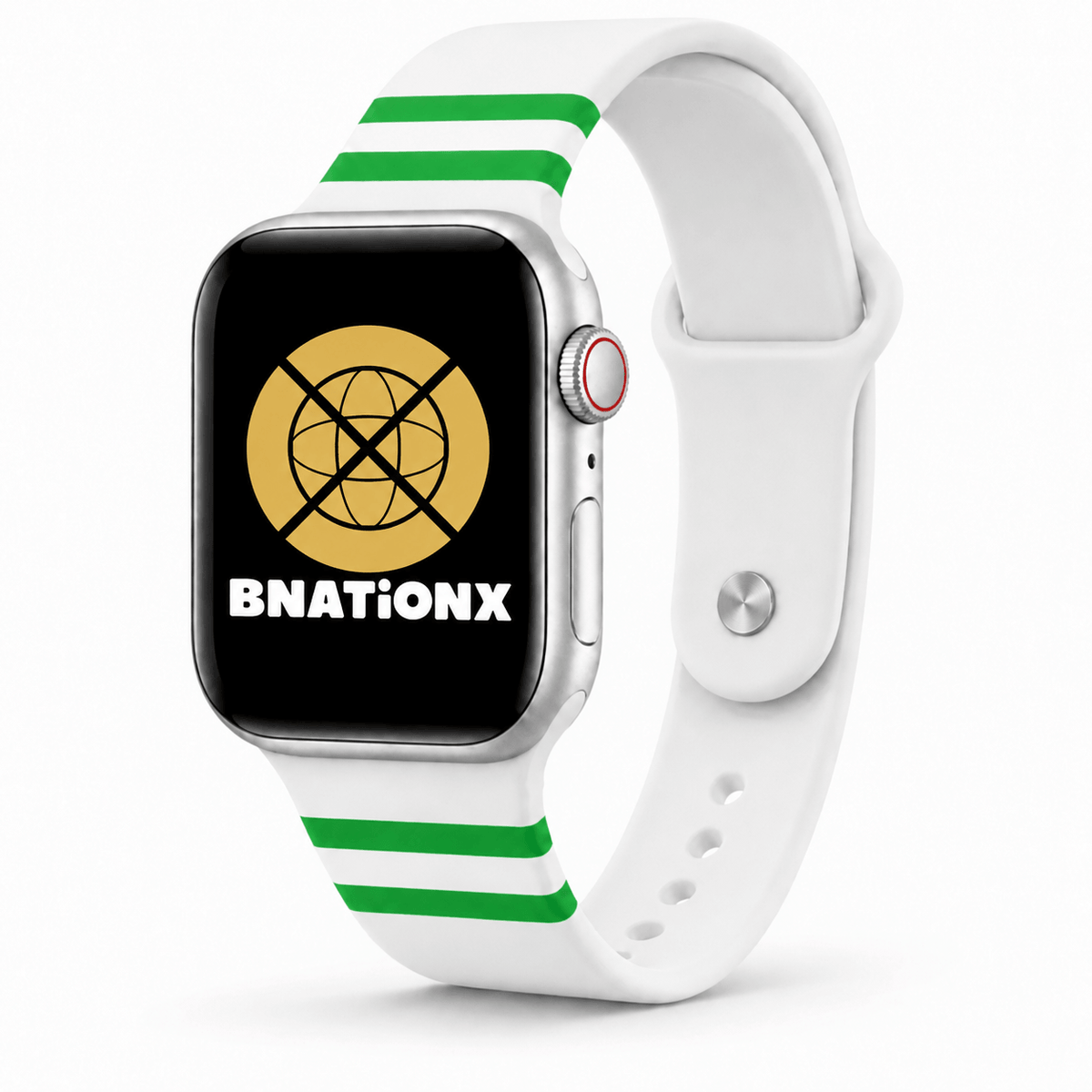 Wit BnationX Rotterdam Apple Watch-bandje met groene Rotterdamse details en BnationX-logo.