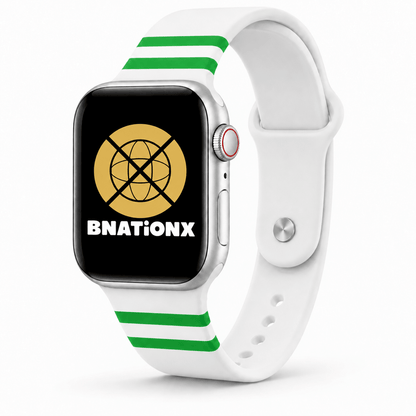 Wit BnationX Rotterdam Apple Watch-bandje met groene Rotterdamse details en BnationX-logo.