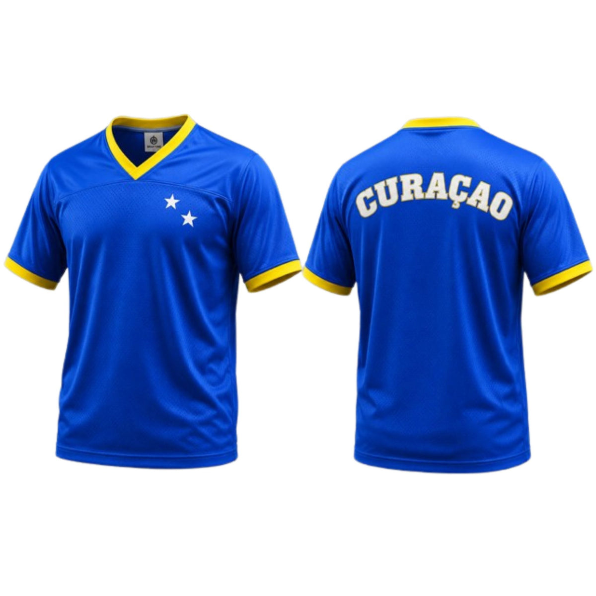 Blauw Curaçao voetbalshirt, supportersshirt van BNationX met gele details en witte sterren, geïnspireerd op de Curaçaose vlag. Voor- en achterkant van uniseks supporterskleding met “CURAÇAO” op de rug voor WK voetbal fans.
