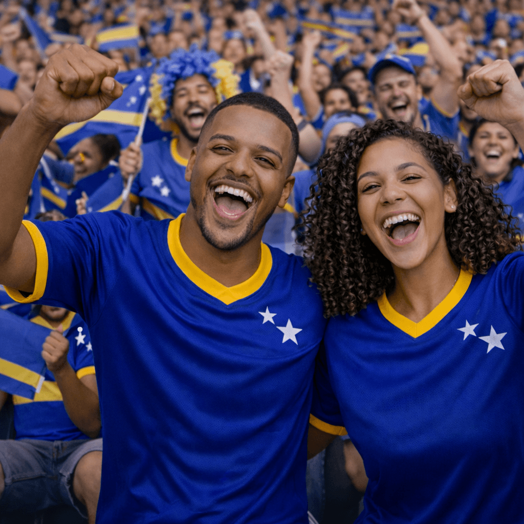 Twee enthousiaste Curaçao supporters dragen blauwe BNationX supportersshirts met gele details en witte sterren in een vol voetbalstadion. Uniseks supporterskleding geïnspireerd op de Curaçaose vlag voor WK voetbal fans en eilandliefhebbers.