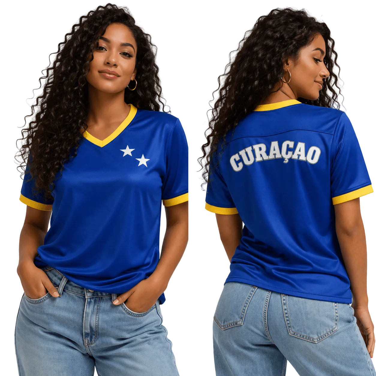 Curaçaose vrouwelijke supporter in blauw fanshirt met sterren en Curaçao op de achterkant, voor- en achteraanzicht