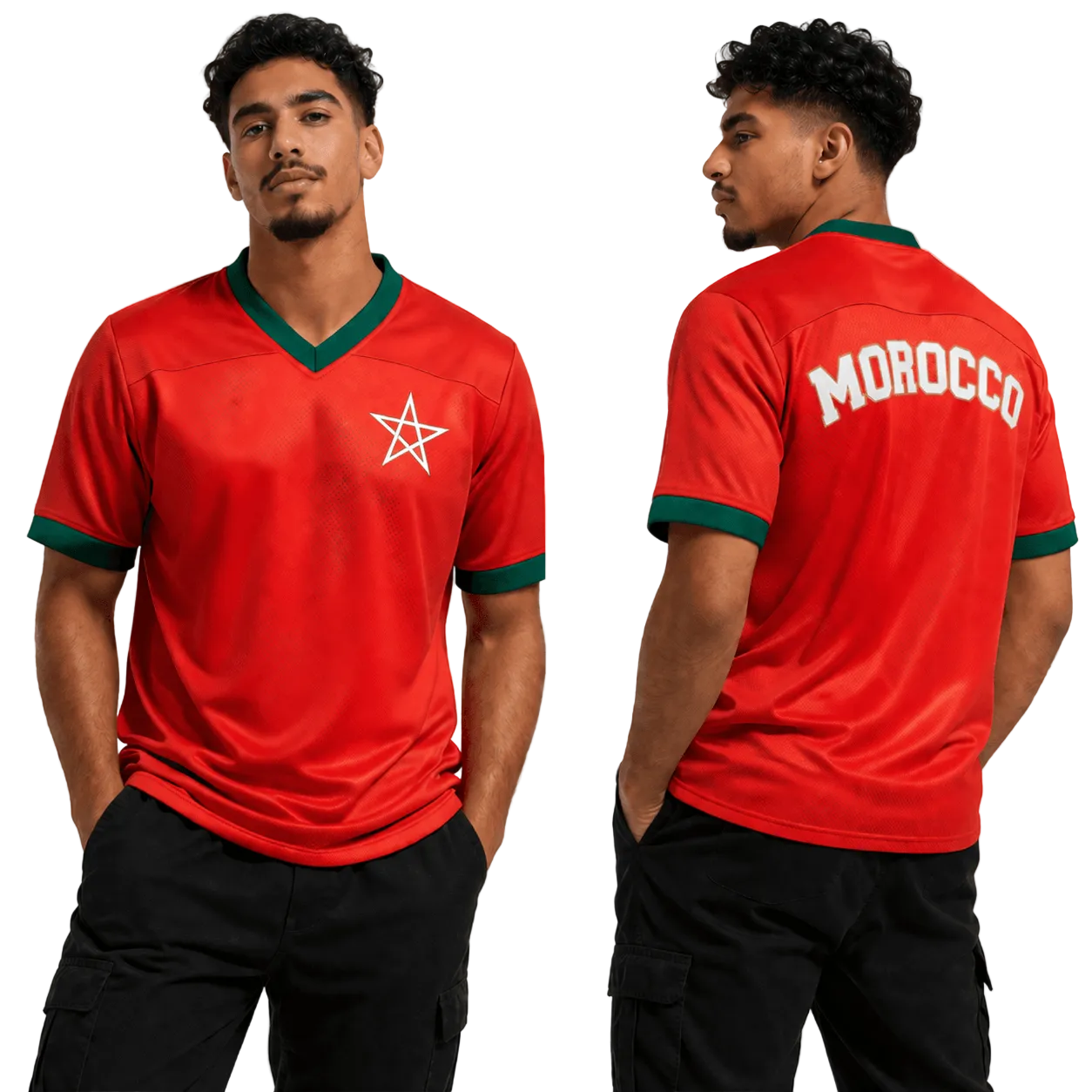 Marokkaanse mannelijke supporter in rood fanshirt met groene ster en Morocco op de achterkant, voor- en zijaanzicht