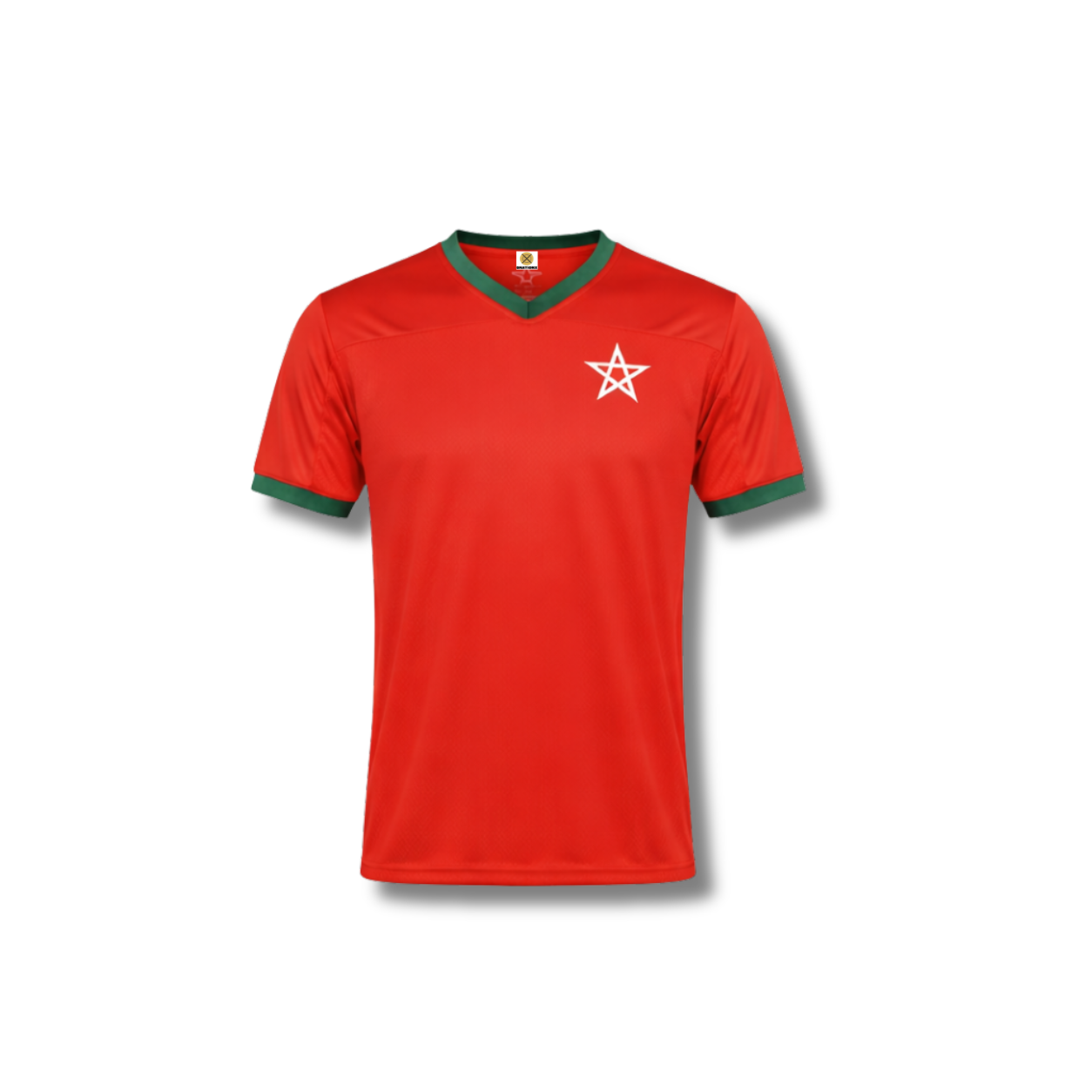 Rustig en strak rood Marokkaans supportersshirt met groene kraag en mouwranden, voorzien van een witte ster op de borst.