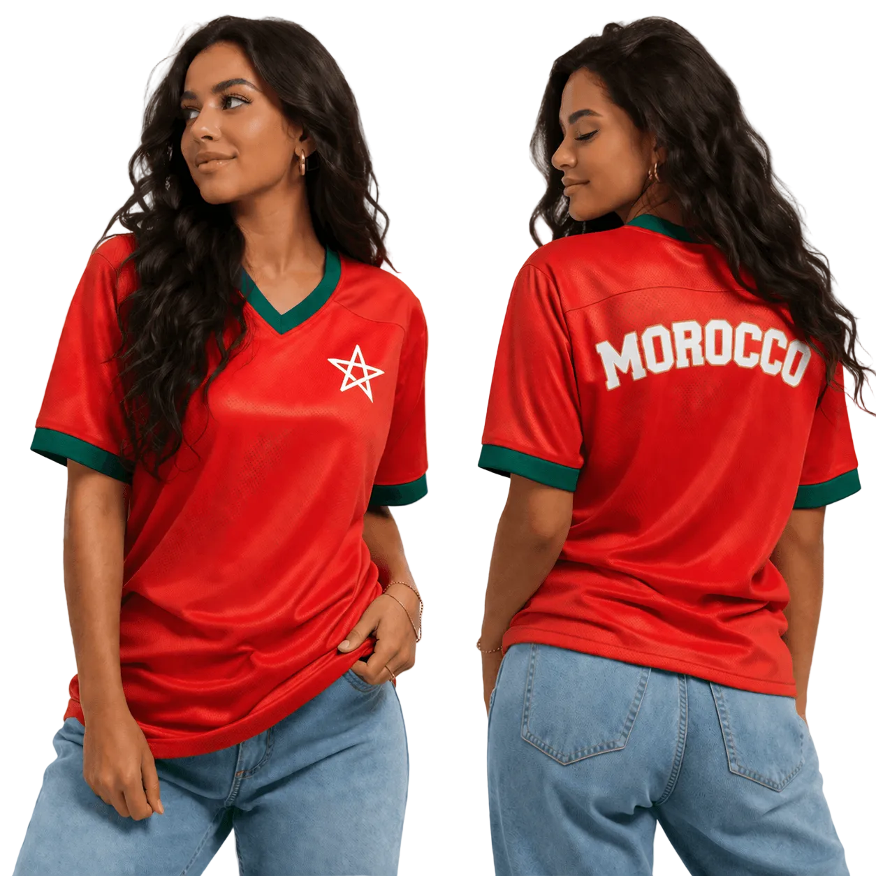 Marokkaanse vrouwelijke supporter in rood fanshirt met groene ster en Morocco op de achterkant, voor- en achteraanzicht